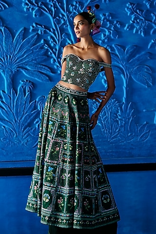 Emerald Green Satin Dupion Floral Printed Lehenga Set by The Whole Nine Yards