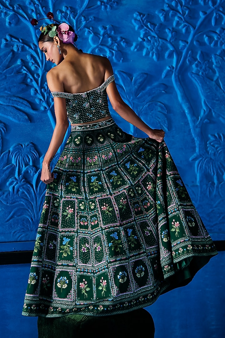 Emerald Green Satin Dupion Floral Printed Wedding Lehenga Set by The Whole Nine Yards at Pernia's Pop Up Shop