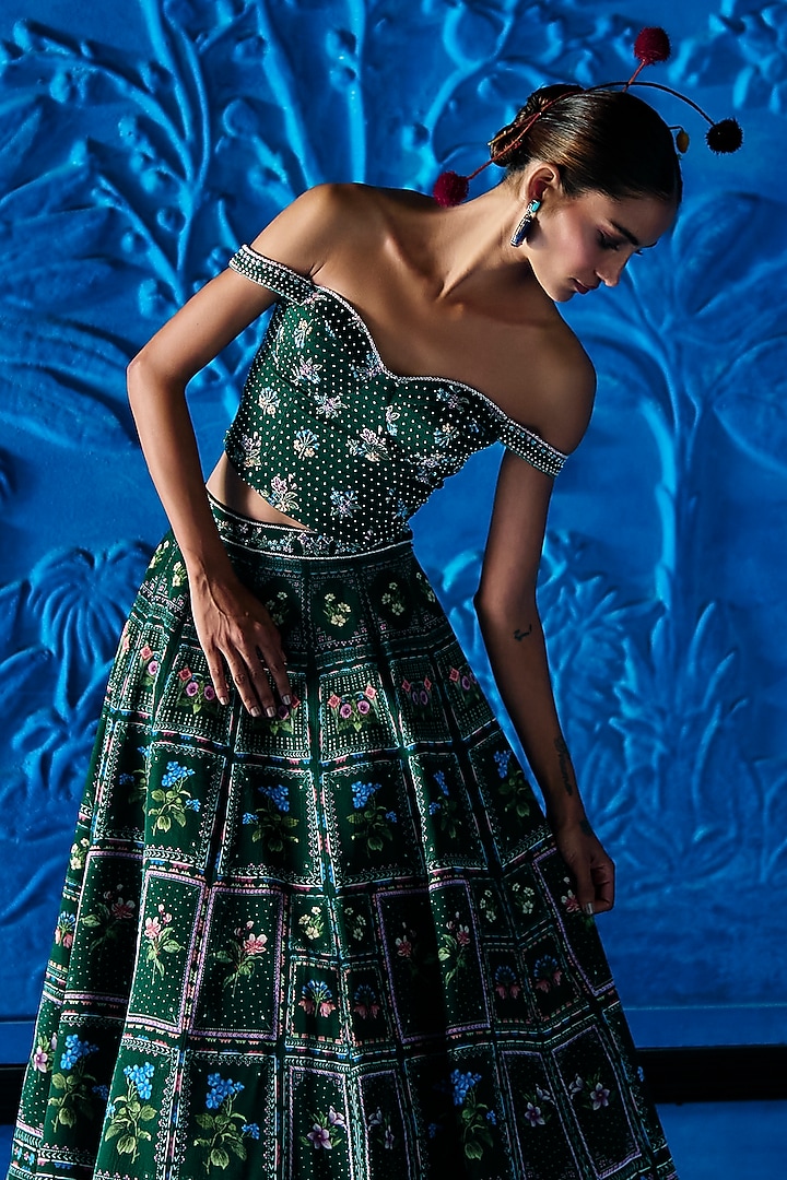 Emerald Green Satin Dupion Floral Printed Wedding Lehenga Set by The Whole Nine Yards at Pernia's Pop Up Shop