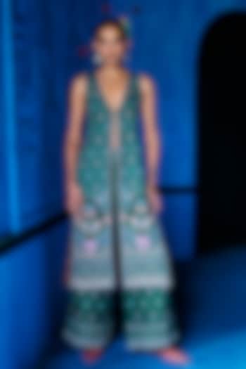 Emerald Green Satin Dupion Floral Printed Jacket Set by The Whole Nine Yards at Pernia's Pop Up Shop