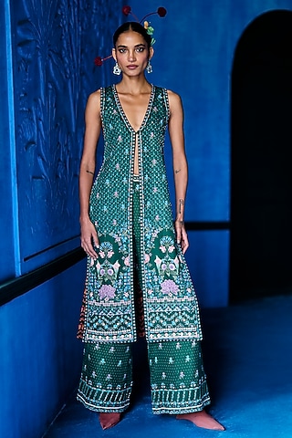 Emerald Green Satin Dupion Floral Printed Jacket Set by The Whole Nine Yards