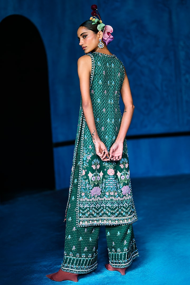 Emerald Green Satin Dupion Floral Printed Jacket Set by The Whole Nine Yards at Pernia's Pop Up Shop