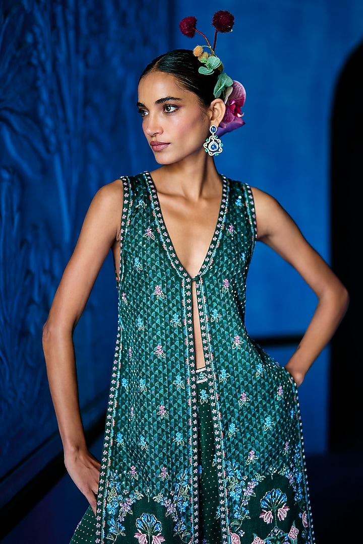 Emerald Green Satin Dupion Floral Printed Jacket Set by The Whole Nine Yards at Pernia's Pop Up Shop