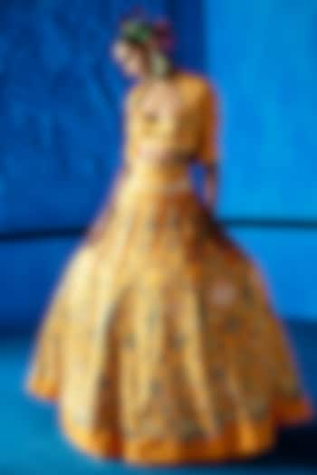 Yellow Satin Dupion Floral Printed Wedding Lehenga Set by The Whole Nine Yards at Pernia's Pop Up Shop