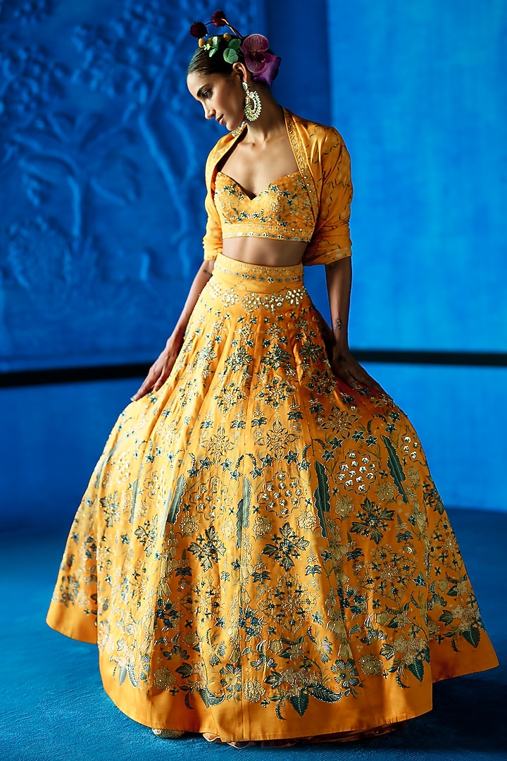 Yellow Satin Dupion Floral Printed Wedding Lehenga Set by The Whole Nine Yards at Pernia's Pop Up Shop