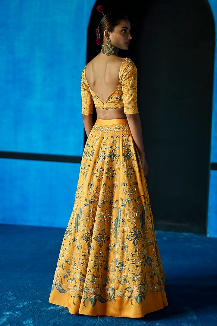Yellow Satin Dupion Floral Printed Wedding Lehenga Set by The Whole Nine Yards at Pernia's Pop Up Shop