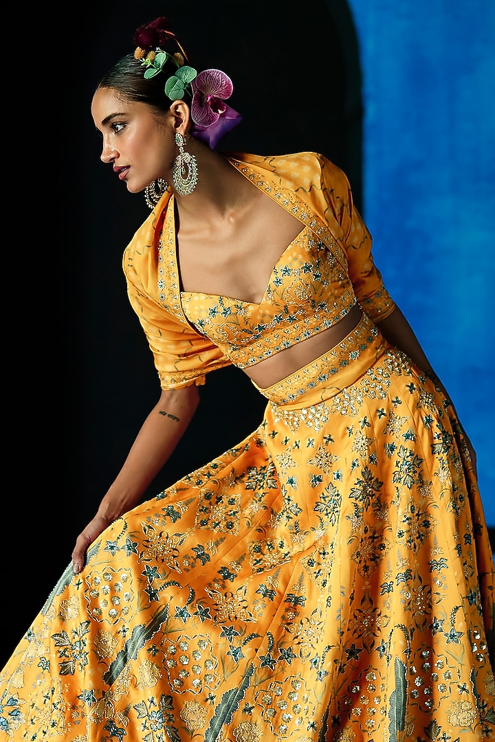 Yellow Satin Dupion Floral Printed Wedding Lehenga Set by The Whole Nine Yards at Pernia's Pop Up Shop