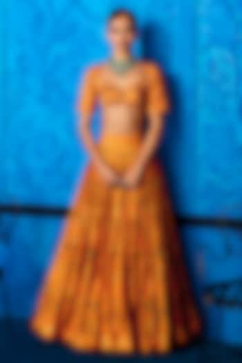 Yellow Satin Organza Floral Printed Wedding Lehenga Set by The Whole Nine Yards at Pernia's Pop Up Shop