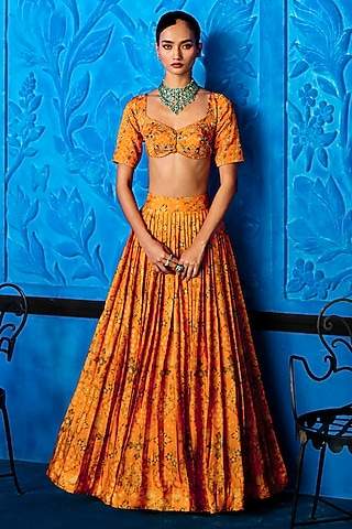 Yellow Satin Organza Floral Printed Lehenga Set by The Whole Nine Yards
