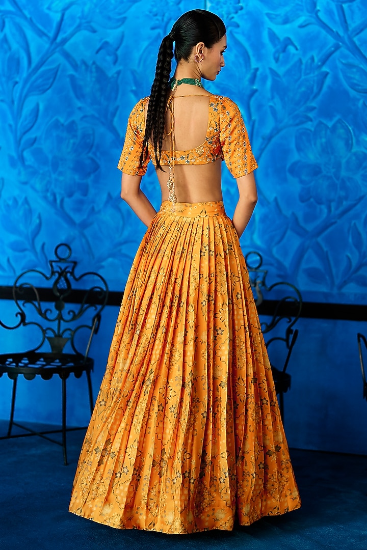 Yellow Satin Organza Floral Printed Wedding Lehenga Set by The Whole Nine Yards at Pernia's Pop Up Shop