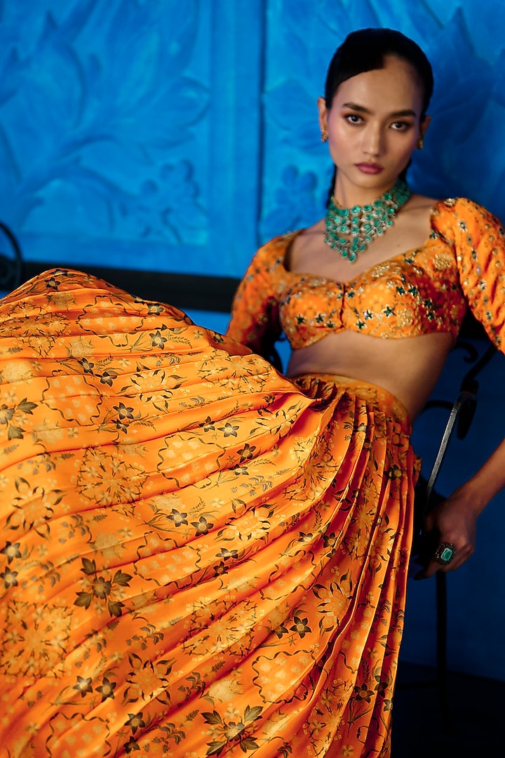 Yellow Satin Organza Floral Printed Wedding Lehenga Set by The Whole Nine Yards at Pernia's Pop Up Shop
