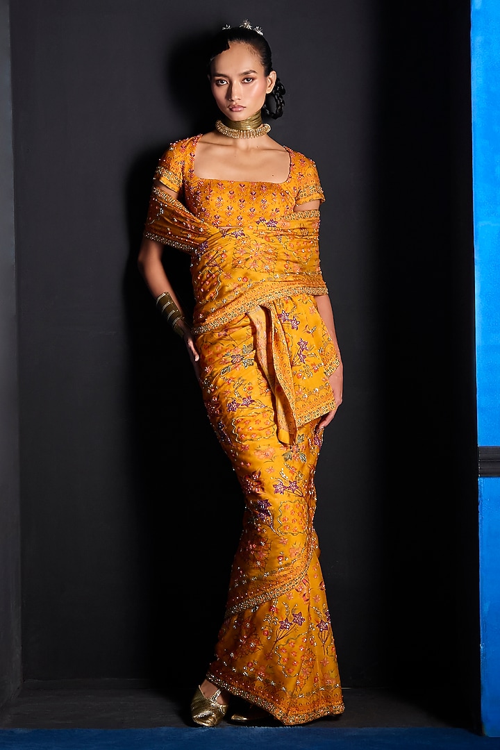 Yellow Satin Organza Hand Embroidered Reception Saree Set by The Whole Nine Yards at Pernia's Pop Up Shop