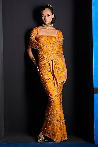 Yellow Satin Organza Hand Embroidered Saree Set by The Whole Nine Yards
