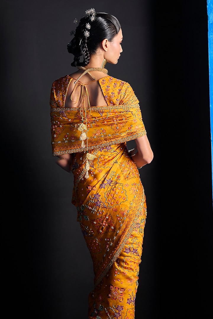 Yellow Satin Organza Hand Embroidered Reception Saree Set by The Whole Nine Yards at Pernia's Pop Up Shop