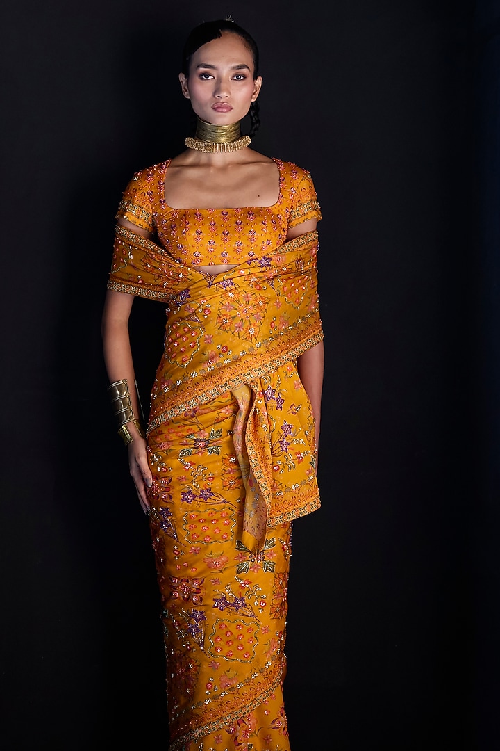Yellow Satin Organza Hand Embroidered Reception Saree Set by The Whole Nine Yards at Pernia's Pop Up Shop