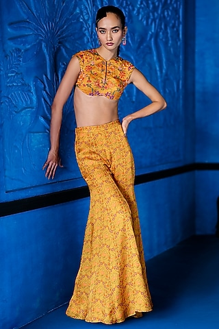 Yellow Satin Organza Floral Printed Sharara Set by The Whole Nine Yards