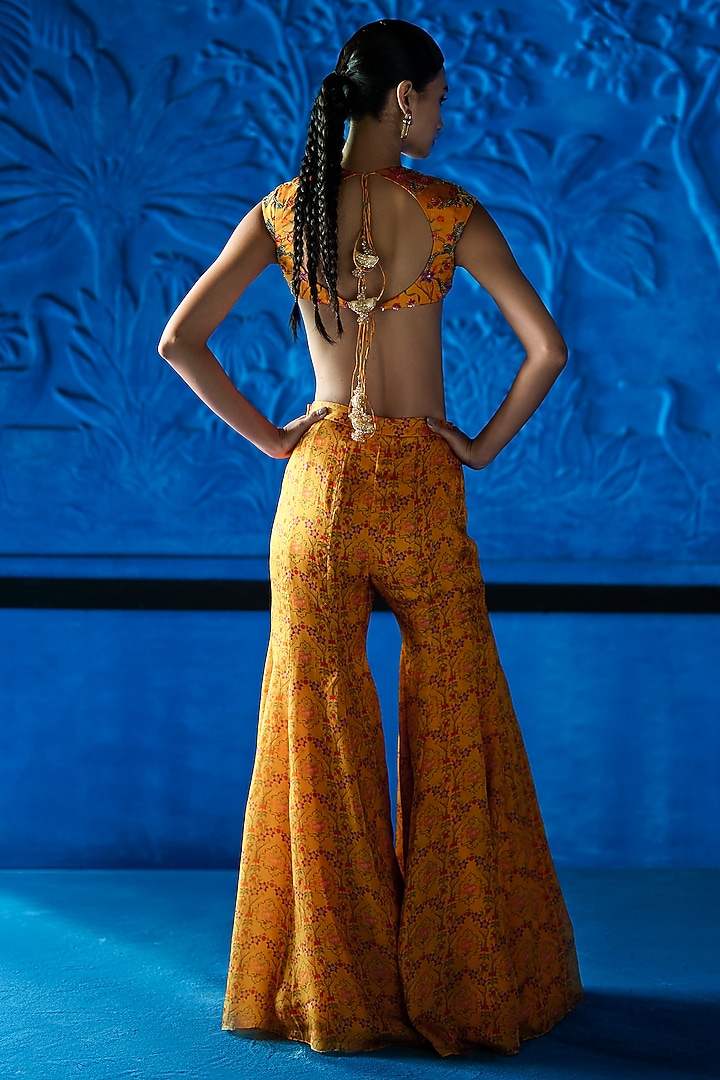 Yellow Satin Organza Floral Printed Party Wear Sharara Set by The Whole Nine Yards at Pernia's Pop Up Shop