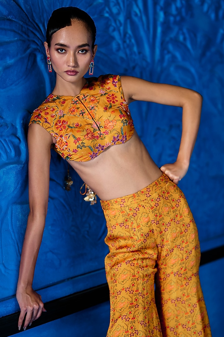 Yellow Satin Organza Floral Printed Party Wear Sharara Set by The Whole Nine Yards at Pernia's Pop Up Shop