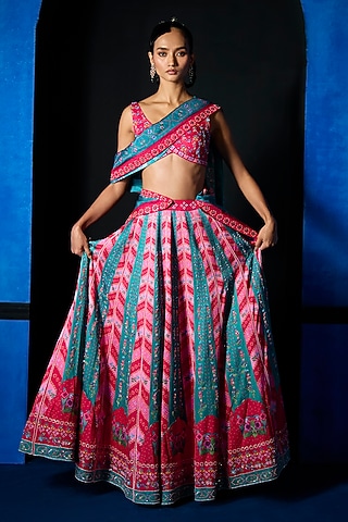 Pink & Teal Blue Satin Dupion Printed Lehenga Set by The Whole Nine Yards