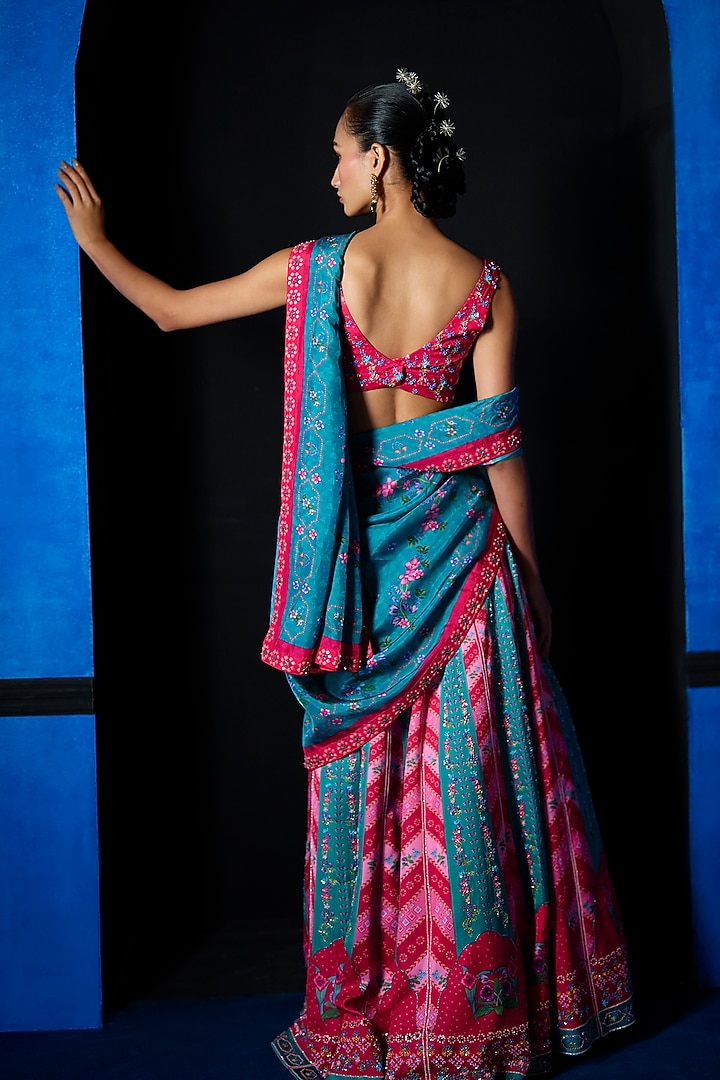 Pink & Teal Blue Satin Dupion Printed Wedding Lehenga Set by The Whole Nine Yards at Pernia's Pop Up Shop