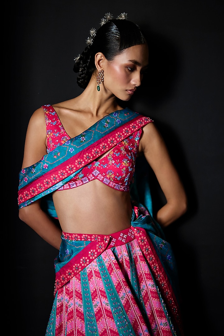 Pink & Teal Blue Satin Dupion Printed Wedding Lehenga Set by The Whole Nine Yards at Pernia's Pop Up Shop