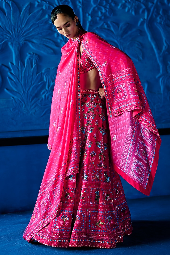 Pink Satin Dupion Floral Printed Wedding Lehenga Set by The Whole Nine Yards at Pernia's Pop Up Shop