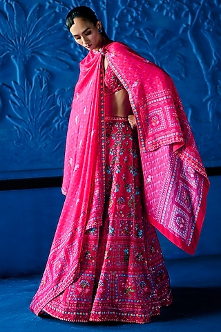 Pink Satin Dupion Floral Printed Lehenga Set by The Whole Nine Yards