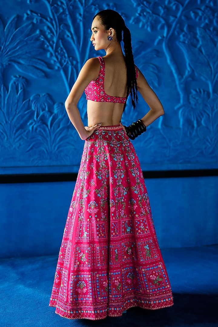Pink Satin Dupion Floral Printed Wedding Lehenga Set by The Whole Nine Yards at Pernia's Pop Up Shop