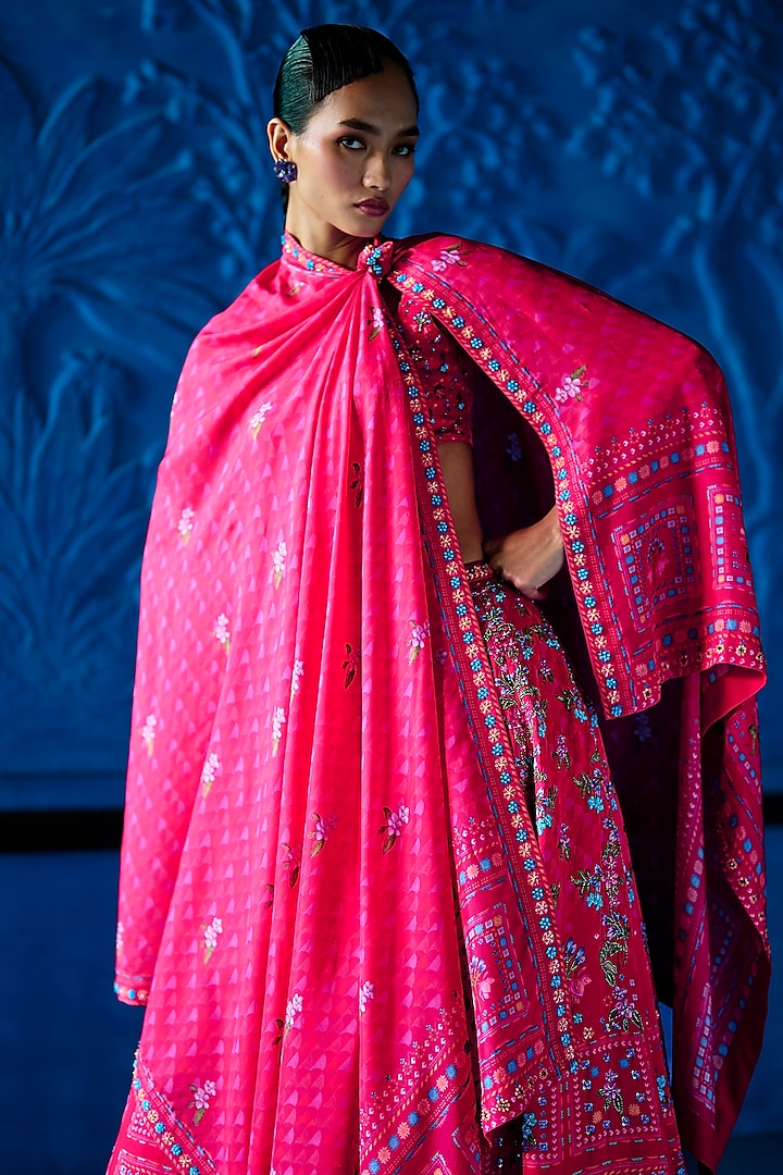 Pink Satin Dupion Floral Printed Wedding Lehenga Set by The Whole Nine Yards at Pernia's Pop Up Shop