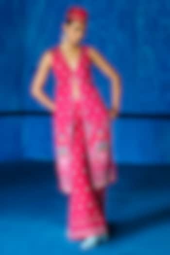 Pink Satin Dupion Floral Printed Jacket Set by The Whole Nine Yards at Pernia's Pop Up Shop