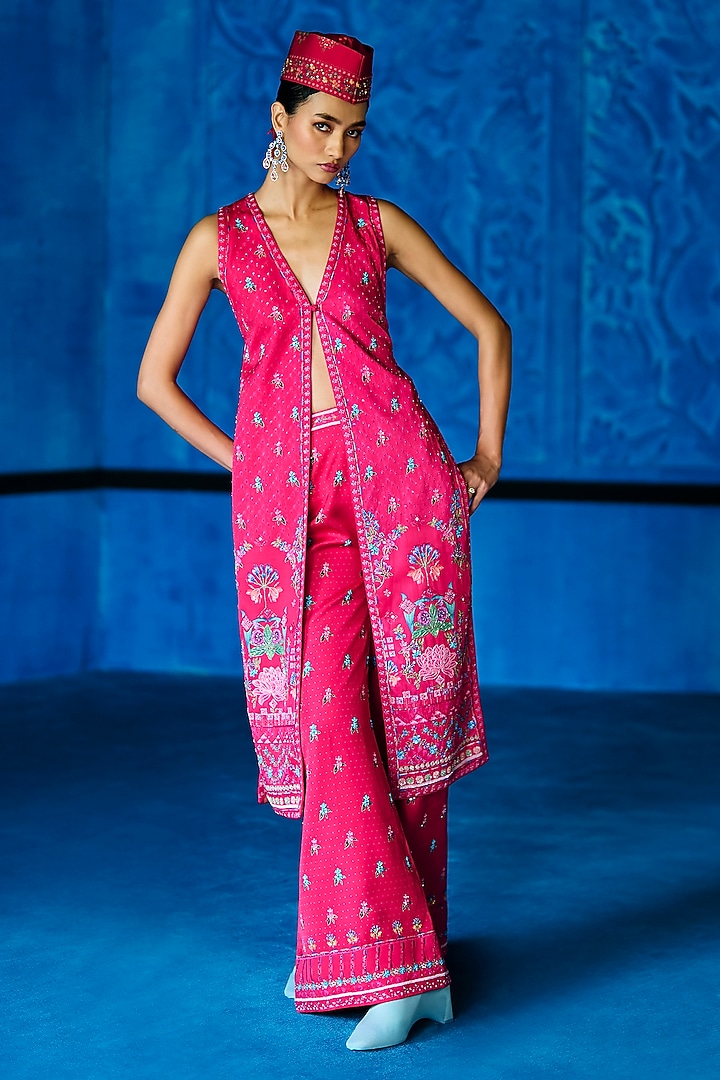 Pink Satin Dupion Floral Printed Jacket Set by The Whole Nine Yards at Pernia's Pop Up Shop