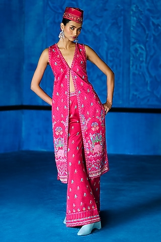 Pink Satin Dupion Floral Printed Jacket Set by The Whole Nine Yards