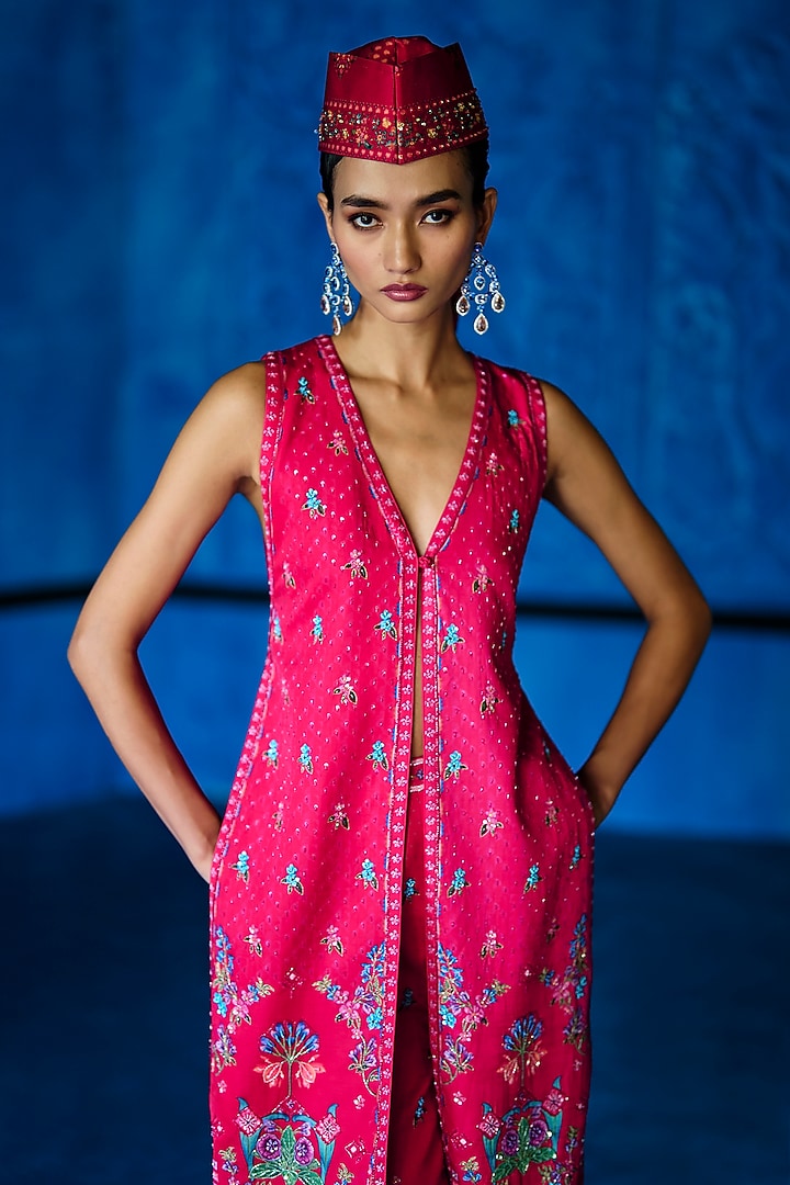 Pink Satin Dupion Floral Printed Jacket Set by The Whole Nine Yards at Pernia's Pop Up Shop