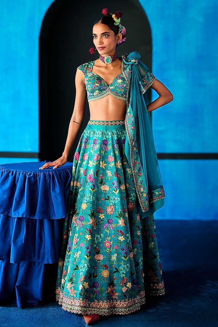 Teal Blue Satin Dupion Hand Embroidered Bridal Lehenga Set by The Whole Nine Yards at Pernia's Pop Up Shop