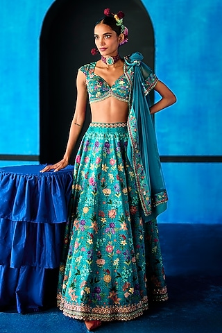 Teal Blue Satin Dupion Hand Embroidered Lehenga Set by The Whole Nine Yards