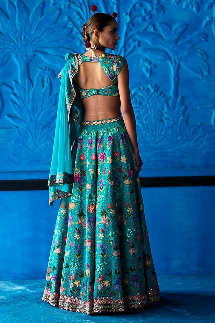 Teal Blue Satin Dupion Hand Embroidered Bridal Lehenga Set by The Whole Nine Yards at Pernia's Pop Up Shop