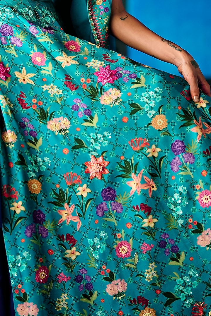 Teal Blue Satin Dupion Hand Embroidered Bridal Lehenga Set by The Whole Nine Yards at Pernia's Pop Up Shop