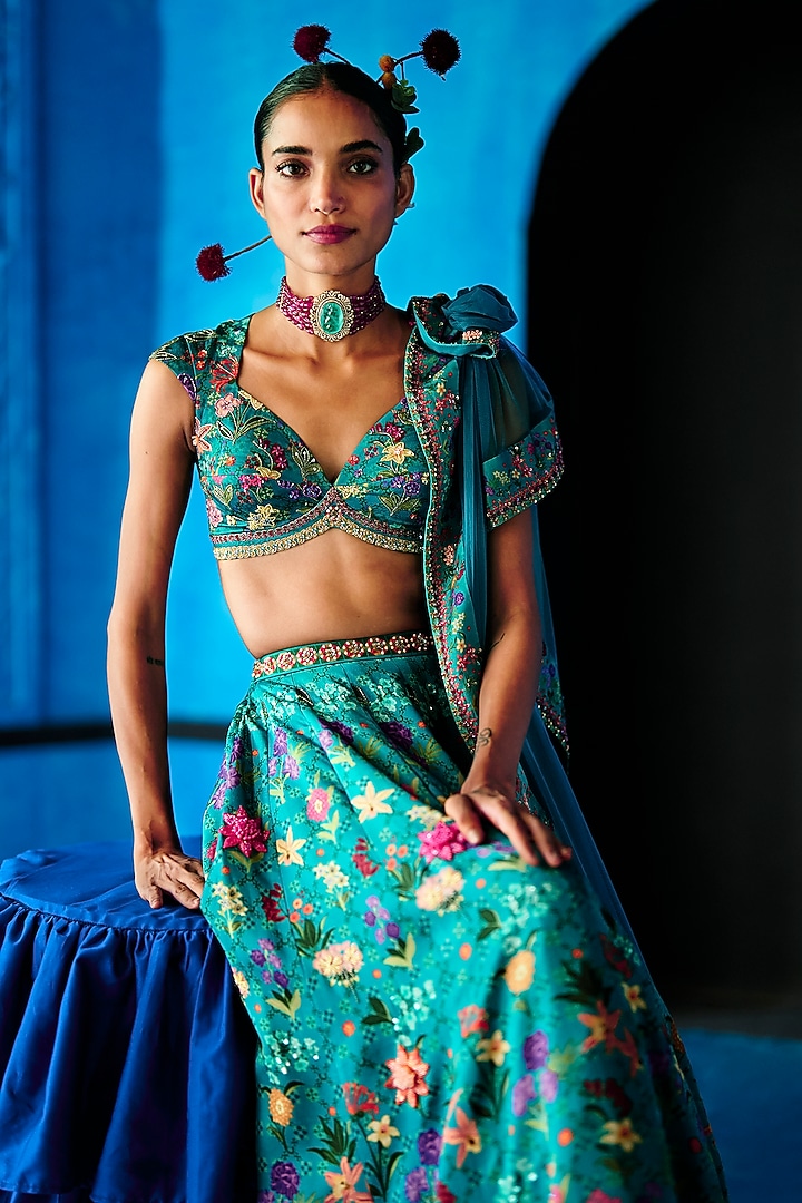 Teal Blue Satin Dupion Hand Embroidered Bridal Lehenga Set by The Whole Nine Yards at Pernia's Pop Up Shop