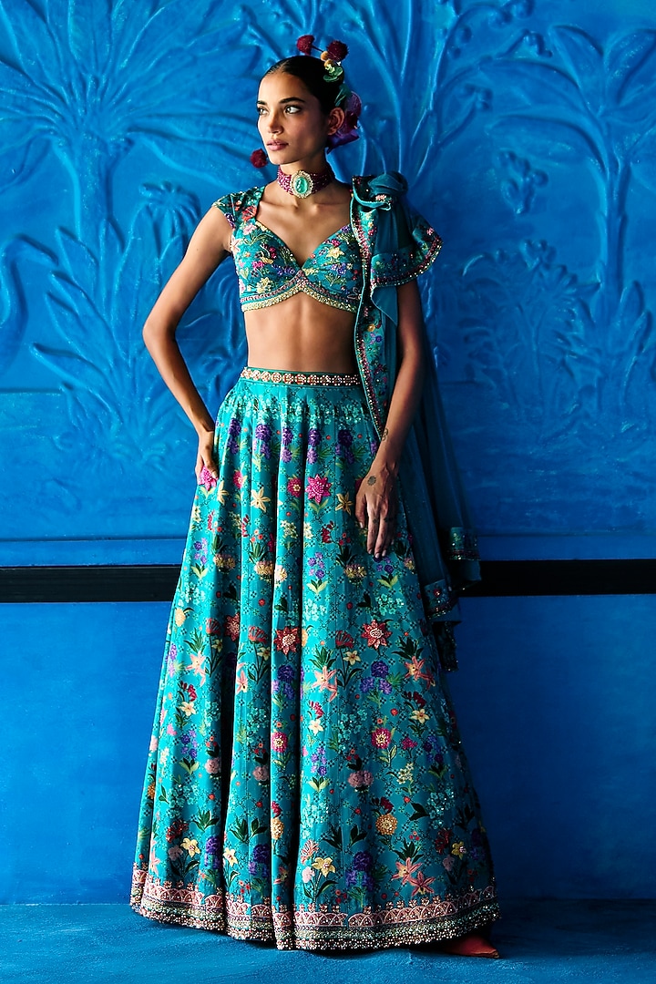 Teal Blue Satin Dupion Hand Embroidered Bridal Lehenga Set by The Whole Nine Yards at Pernia's Pop Up Shop