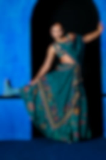 Teal Blue Satin Organza Floral Printed Wedding Lehenga Set by The Whole Nine Yards at Pernia's Pop Up Shop