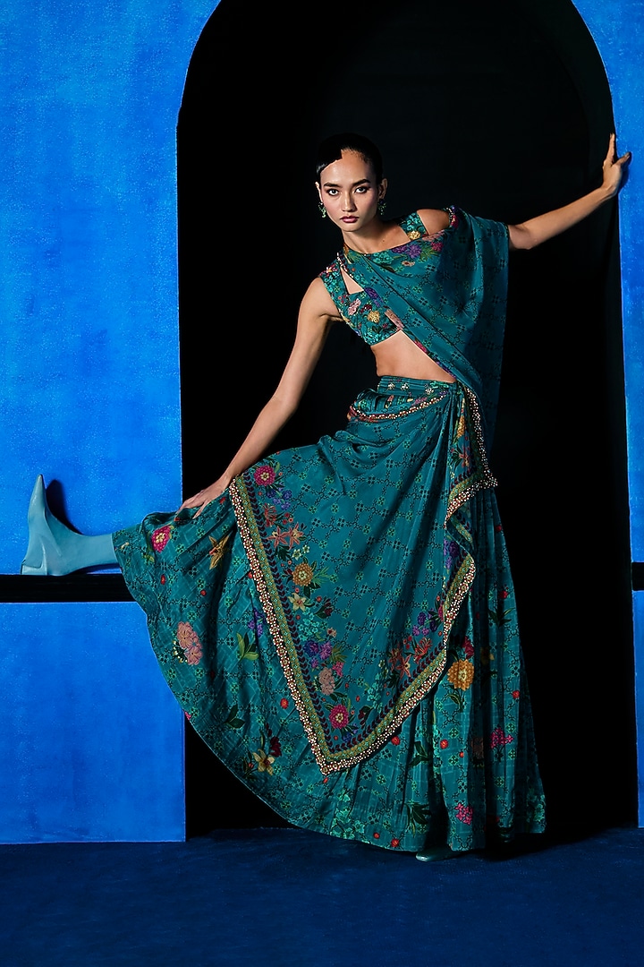 Teal Blue Satin Organza Floral Printed Wedding Lehenga Set by The Whole Nine Yards at Pernia's Pop Up Shop