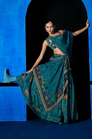 Teal Blue Satin Organza Floral Printed Lehenga Set by The Whole Nine Yards