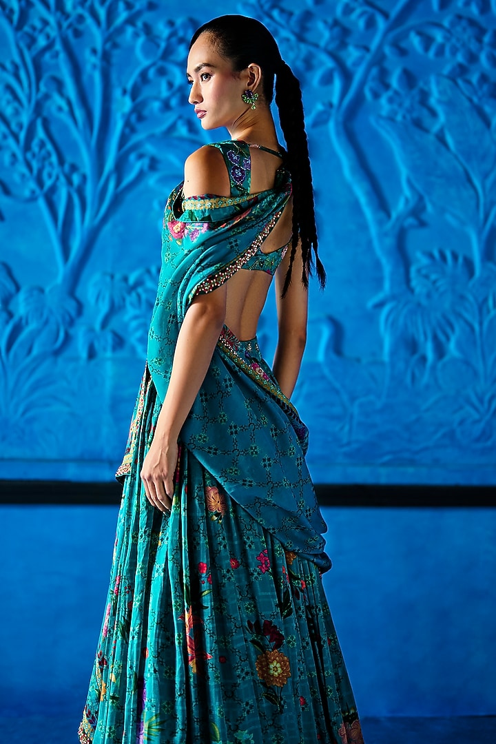 Teal Blue Satin Organza Floral Printed Wedding Lehenga Set by The Whole Nine Yards at Pernia's Pop Up Shop