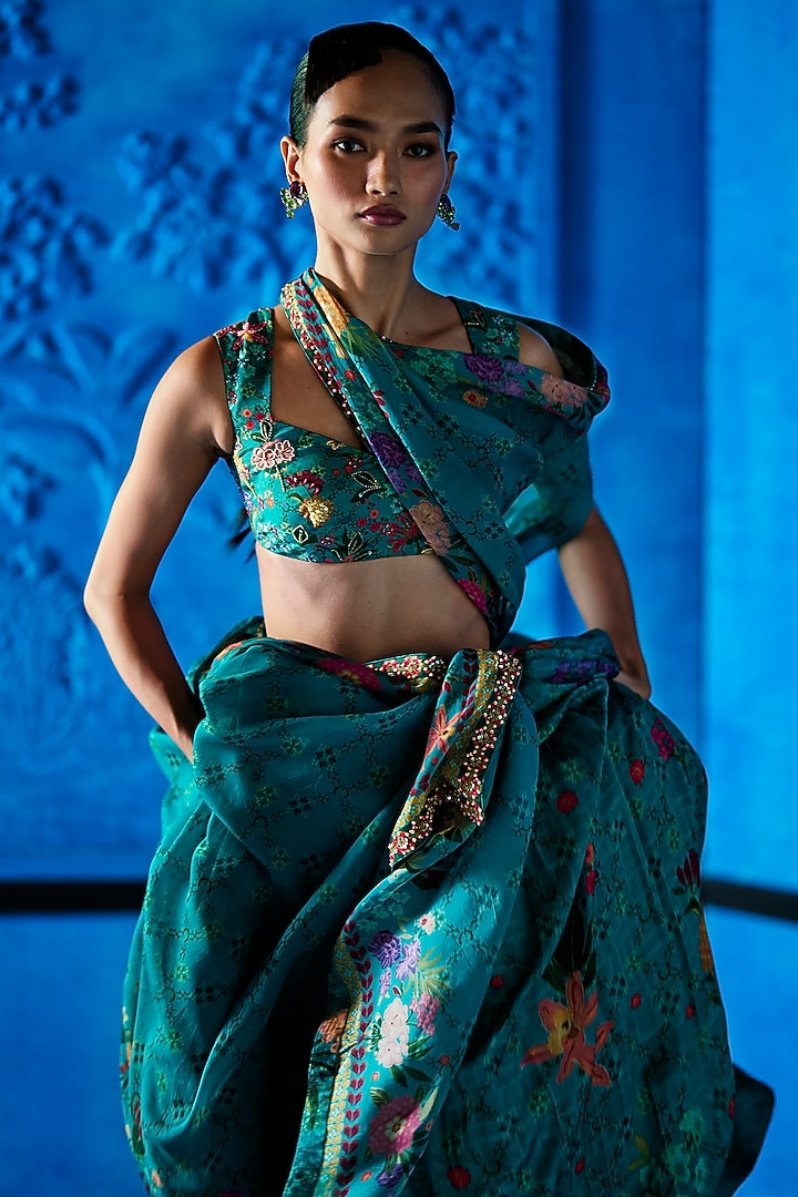 Teal Blue Satin Organza Floral Printed Wedding Lehenga Set by The Whole Nine Yards at Pernia's Pop Up Shop