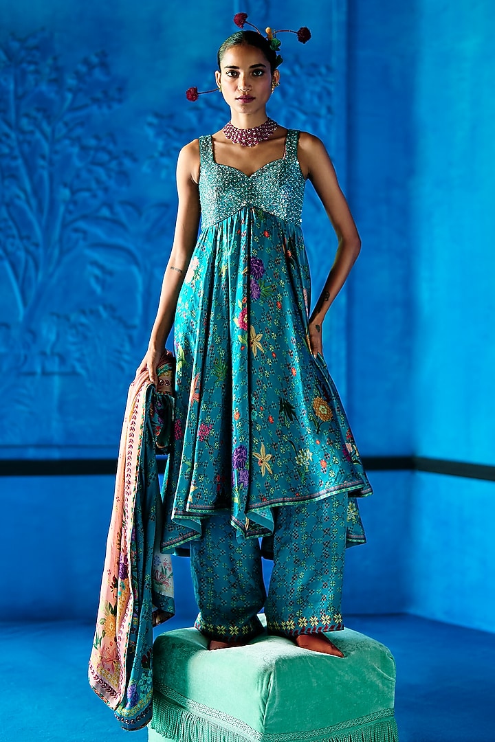 Teal Blue Bemberg Satin Floral Printed Kurta Set by The Whole Nine Yards at Pernia's Pop Up Shop