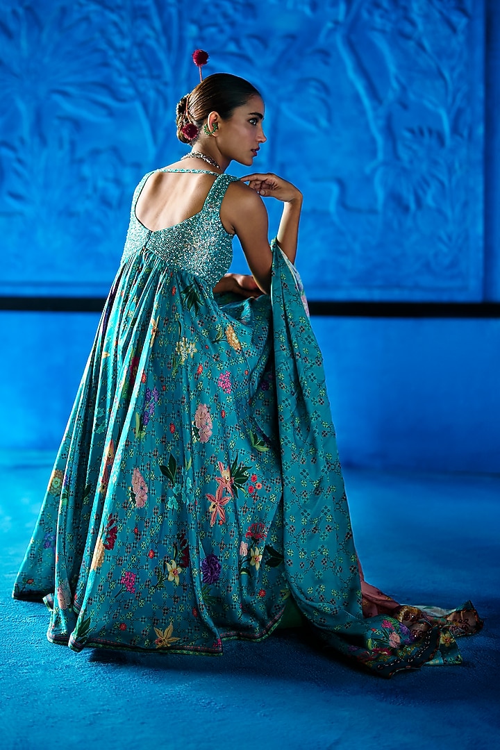 Teal Blue Bemberg Satin Floral Printed Kurta Set by The Whole Nine Yards at Pernia's Pop Up Shop