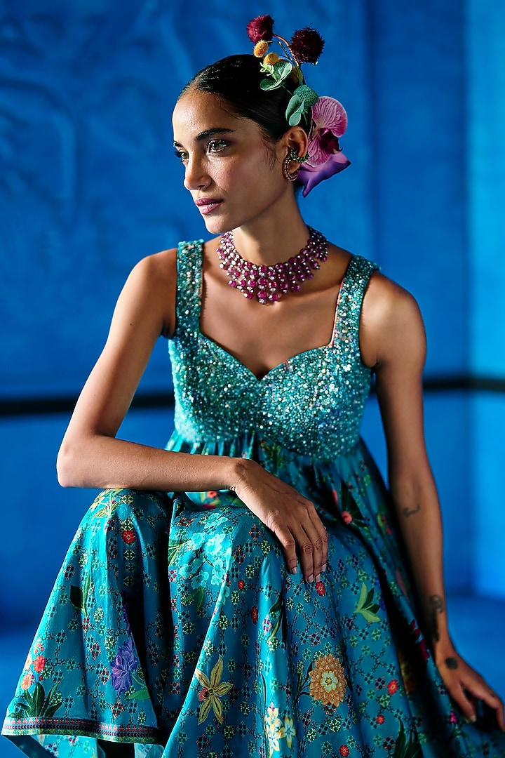 Teal Blue Bemberg Satin Floral Printed Kurta Set by The Whole Nine Yards at Pernia's Pop Up Shop