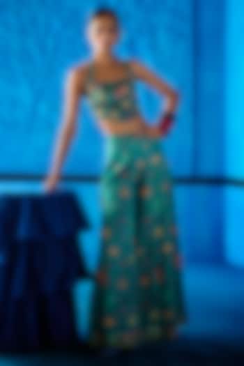 Teal Blue Satin Dupion Floral Printed Wedding Sharara Set by The Whole Nine Yards at Pernia's Pop Up Shop