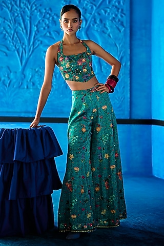 Teal Blue Satin Dupion Floral Printed Sharara Set by The Whole Nine Yards