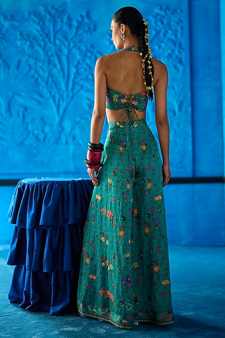 Teal Blue Satin Dupion Floral Printed Wedding Sharara Set by The Whole Nine Yards at Pernia's Pop Up Shop